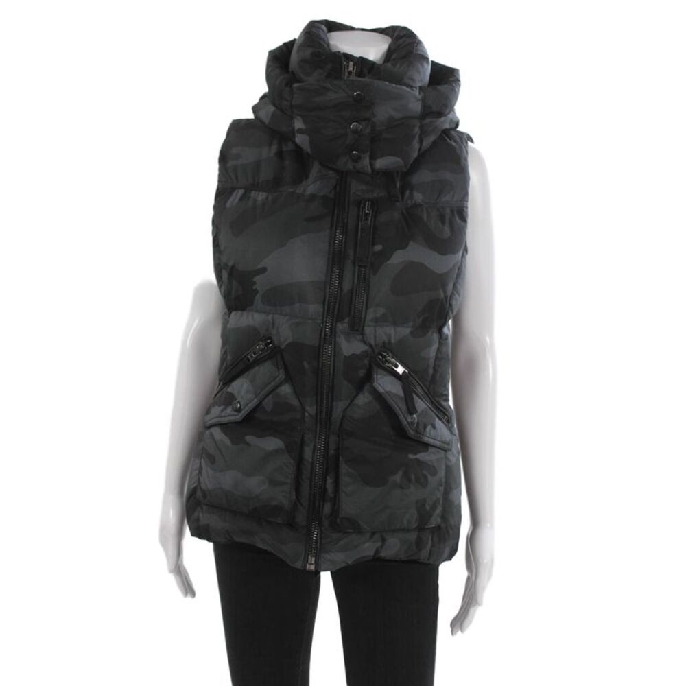 SAM Women Quilted Puffer Camouflage High Neck Button Vest Black Size L